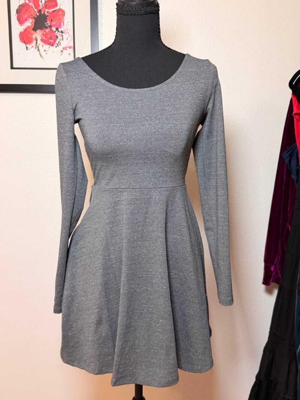 Divided H&M Grey Skater Dress Long Sleeve Fit Flare Scoop Neck Sz S